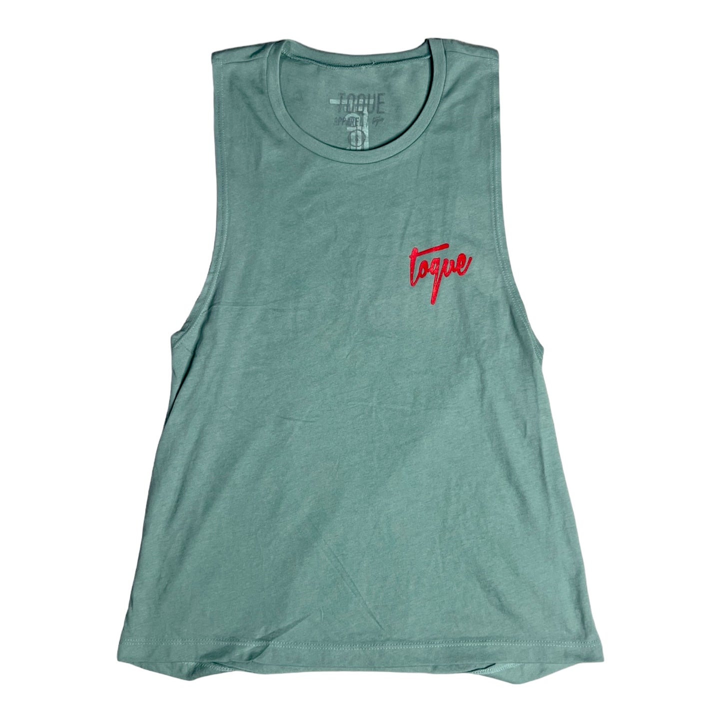 Women's Muscle Tank Stonewash Green/Red Logo